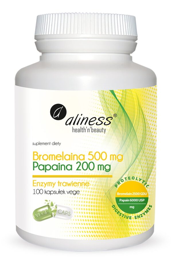 Bromelaina 500mg, Papaina 200 mg x 100 VEGE caps. Aliness